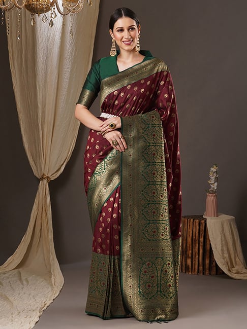 Green And Maroon Woven Banarasi Silk Saree With Embroidery Designer Bl –  Rushini