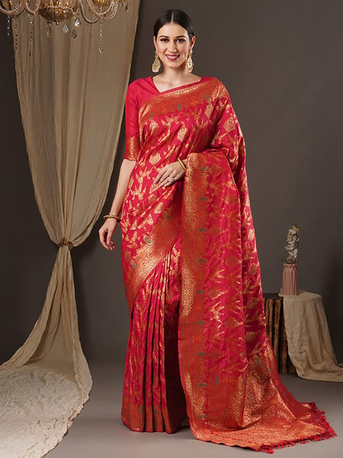 Saree Mall Red Silk Woven Saree With Unstitched Blouse Price in India