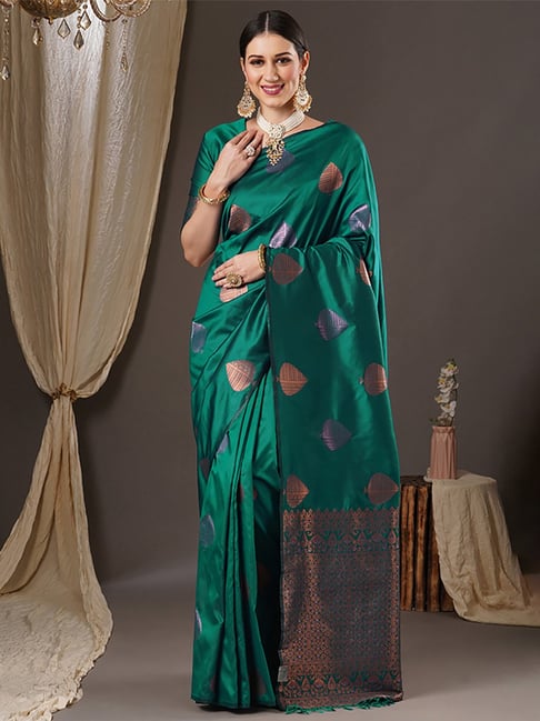 Saree Mall Green Silk Woven Saree With Unstitched Blouse Price in India