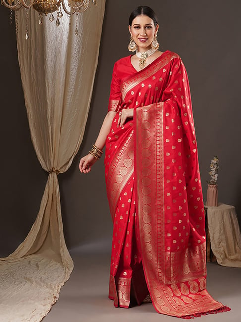 Saree Mall Red Silk Woven Saree With Unstitched Blouse Price in India