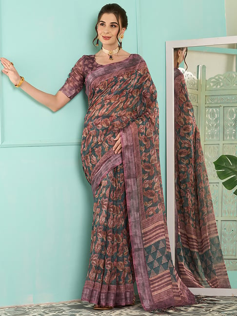 Saree Mall Green & Purple Linen Printed Saree With Unstitched Blouse Price in India