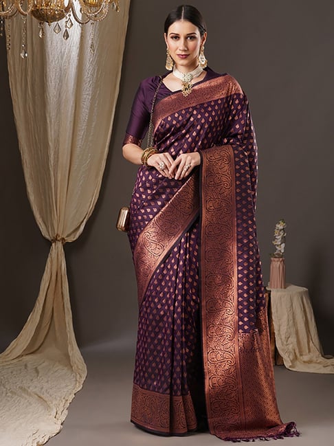 Saree Mall Purple Silk Woven Saree With Unstitched Blouse Price in India