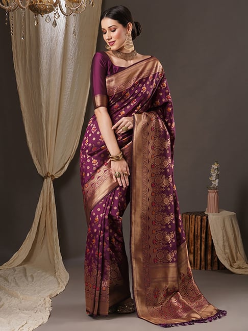 Saree Mall Purple Silk Woven Saree With Unstitched Blouse Price in India