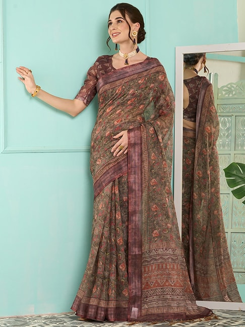 Saree Mall Green & Brown Linen Printed Saree With Unstitched Blouse Price in India