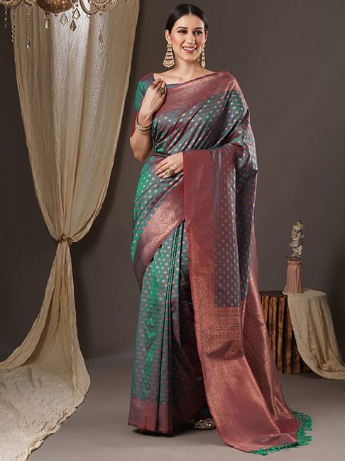 Saree Mall Green Silk Woven Saree With Unstitched Blouse Price in India