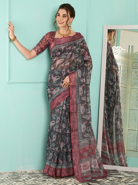 Saree Mall Grey & Maroon Linen Printed Saree With Unstitched Blouse Price in India