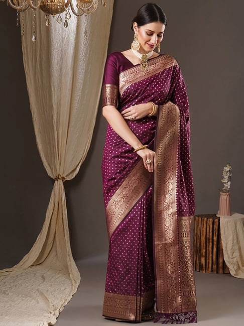 Saree Mall Purple Silk Woven Saree With Unstitched Blouse Price in India