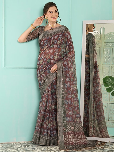 Saree Mall Brown & Green Linen Printed Saree With Unstitched Blouse Price in India
