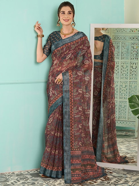 Saree Mall Maroon Linen Printed Saree With Unstitched Blouse Price in India