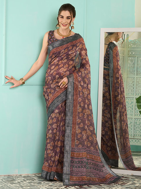 Saree Mall Purple & Grey Linen Printed Saree With Unstitched Blouse Price in India