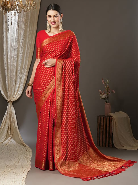 Saree Mall Red Woven Saree With Unstitched Blouse Price in India