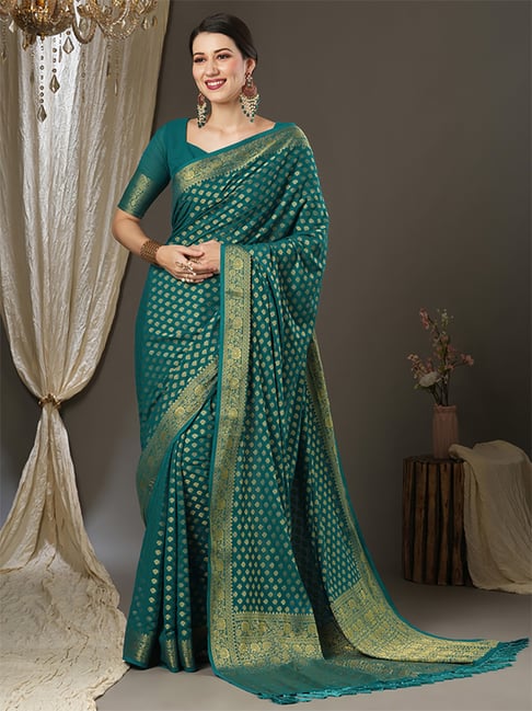 Saree Mall Blue Woven Saree With Unstitched Blouse Price in India