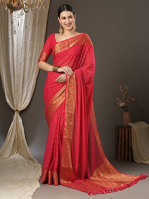 Saree Mall Pink Woven Saree With Unstitched Blouse Price in India