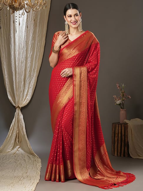 Saree Mall Red Woven Saree With Unstitched Blouse Price in India