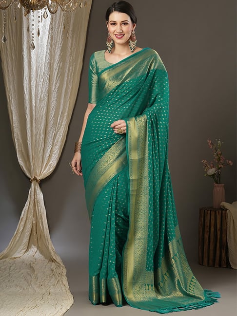 Saree Mall Blue Woven Saree With Unstitched Blouse Price in India