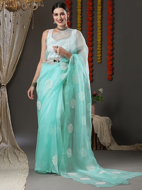 Saree Mall Blue Embroidered Saree With Unstitched Blouse Price in India