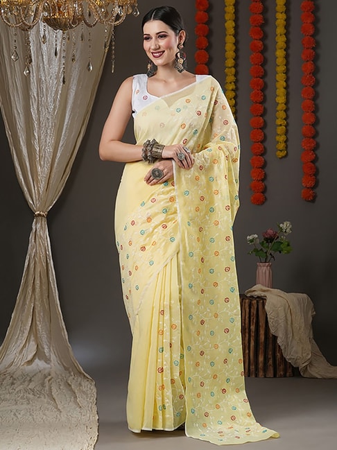 Saree Mall Yellow Cotton Embroidered Saree With Unstitched Blouse Price in India