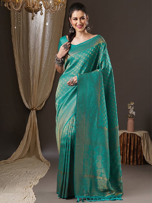 Saree Mall Blue Woven Saree With Unstitched Blouse Price in India