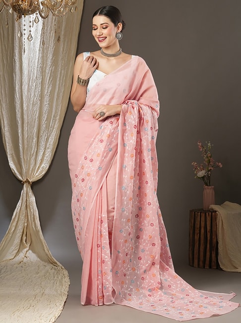Saree Mall Peach Cotton Embroidered Saree With Unstitched Blouse Price in India