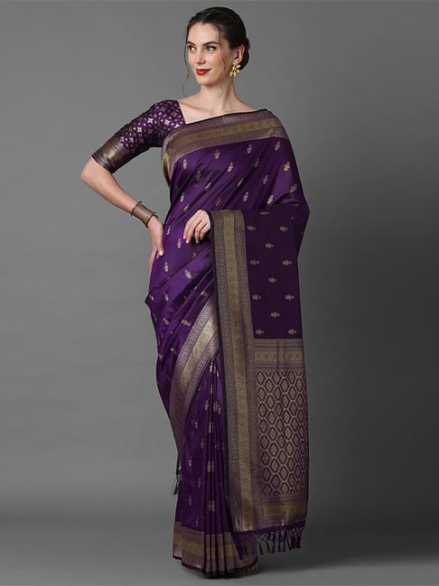 Saree Mall Purple Silk Woven Saree With Unstitched Blouse Price in India