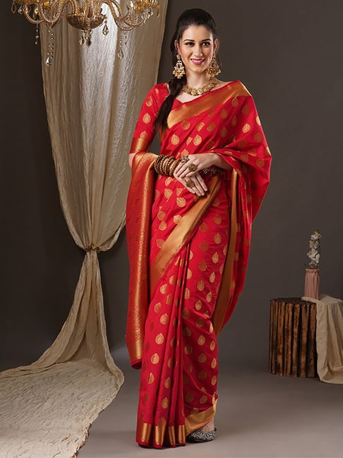 Saree Mall Red Silk Woven Saree With Unstitched Blouse Price in India