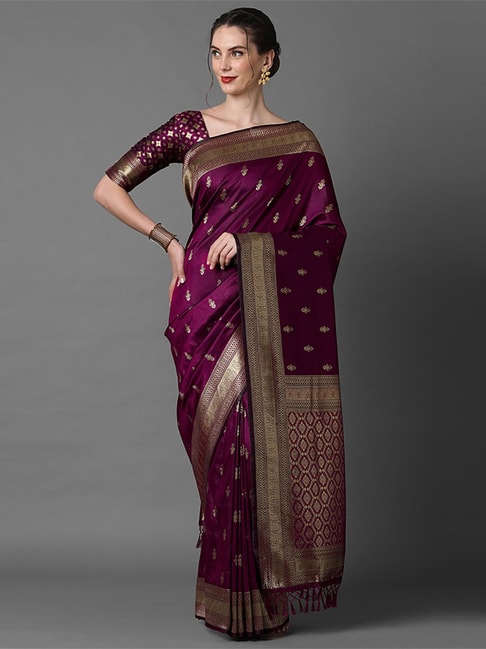 Saree Mall Purple Silk Woven Saree With Unstitched Blouse Price in India