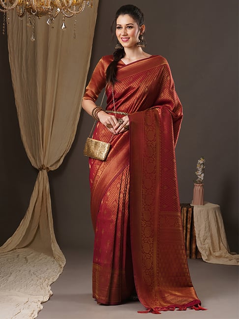 Saree Mall Maroon Woven Saree With Unstitched Blouse Price in India