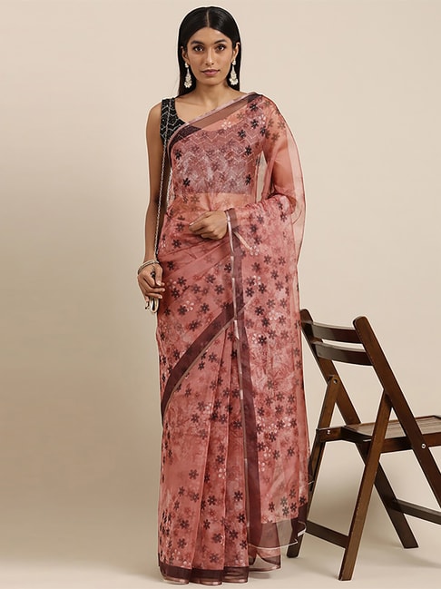 Saree Mall Pink Printed Saree With Unstitched Blouse Price in India