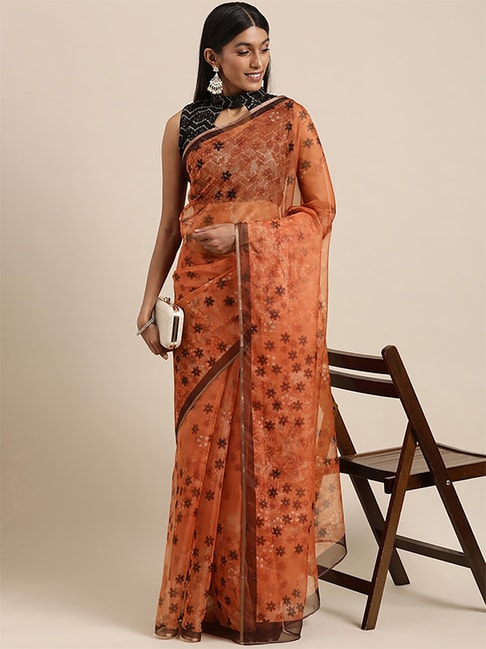 Saree Mall Orange Printed Saree With Unstitched Blouse Price in India