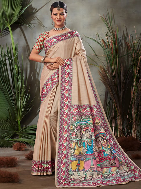 Saree Mall Beige Silk Printed Saree With Unstitched Blouse Price in India