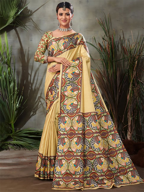 Saree Mall Yellow Silk Printed Saree With Unstitched Blouse Price in India