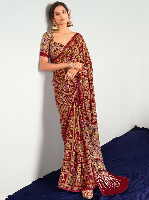 Saree Mall Maroon Printed Saree With Unstitched Blouse Price in India