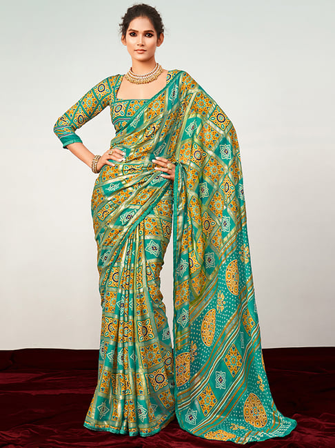 Saree Mall Blue Printed Saree With Unstitched Blouse Price in India