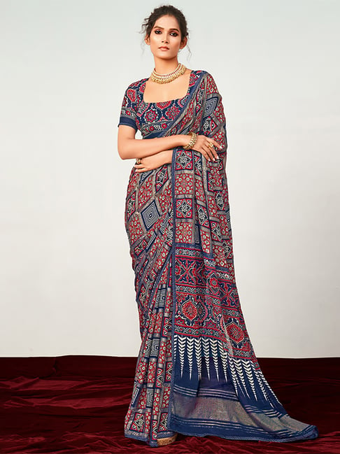 Saree Mall Blue & Maroon Printed Saree With Unstitched Blouse Price in India