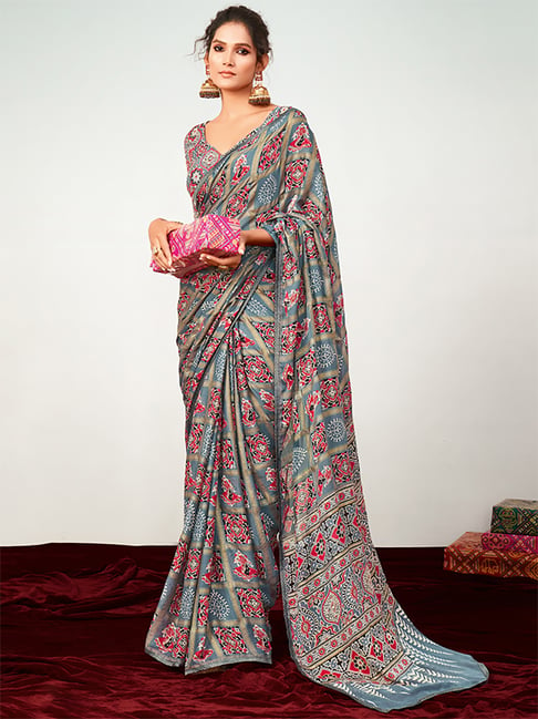 Saree Mall Grey & Maroon Printed Saree With Unstitched Blouse Price in India