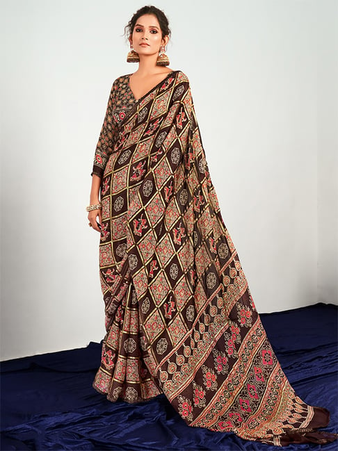 Saree Mall Brown Printed Saree With Unstitched Blouse Price in India