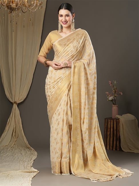 Saree Mall Golden Woven Saree With Unstitched Blouse Price in India