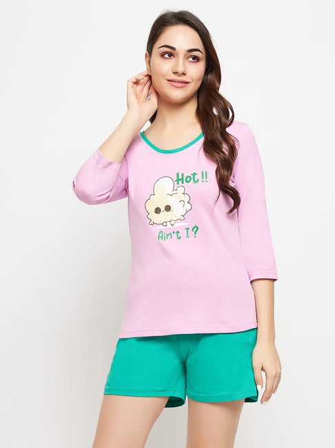 Clovia Purple & Green Printed Top With Shorts-picture-41