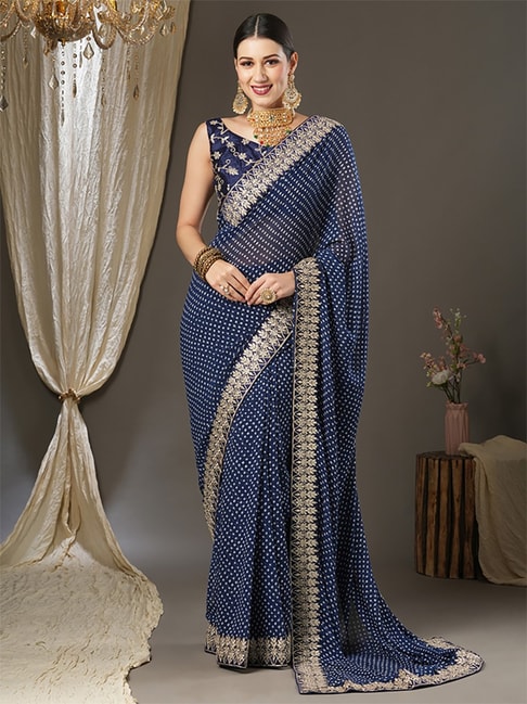 Saree Mall Blue Printed Saree With Unstitched Blouse Price in India
