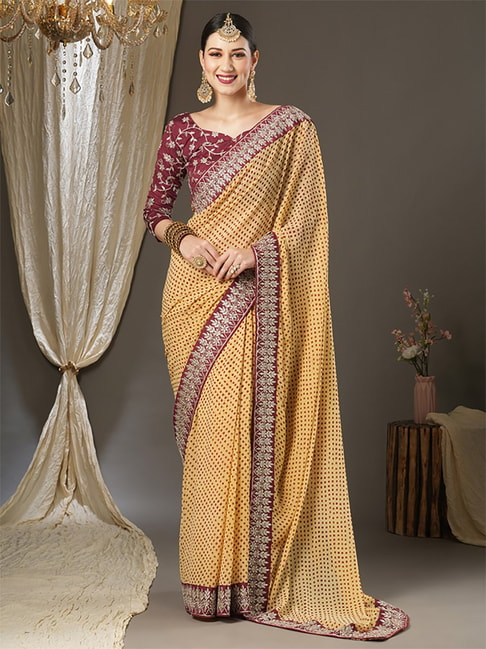 Saree Mall Yellow Printed Saree With Unstitched Blouse Price in India