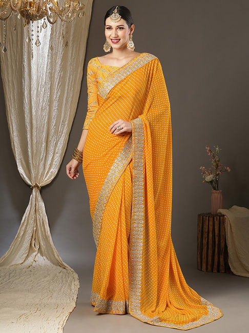 Saree Mall Mustard Printed Saree With Unstitched Blouse Price in India