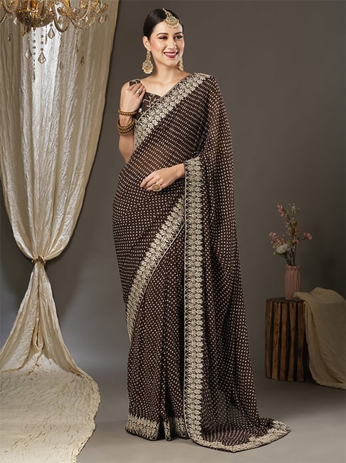 Saree Mall Brown Printed Saree With Unstitched Blouse Price in India