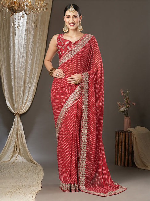 Saree Mall Red Printed Saree With Unstitched Blouse Price in India