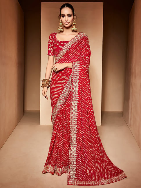 Saree Mall Red Printed Saree With Unstitched Blouse Price in India