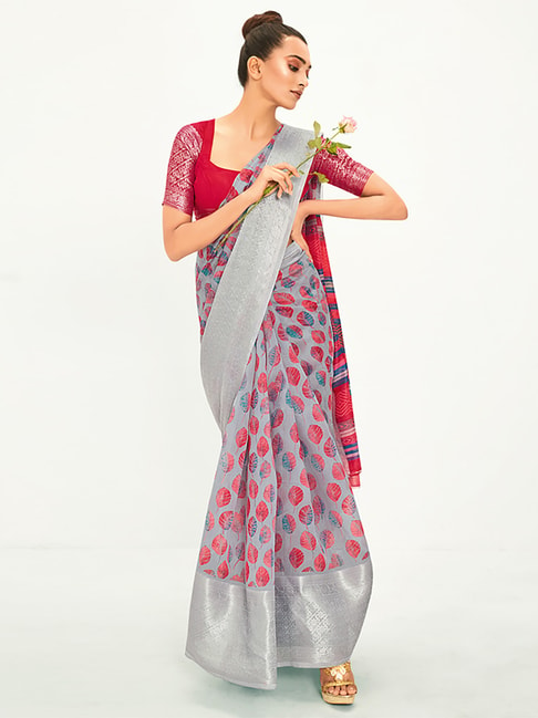 Saree Mall Grey Cotton Printed Saree With Unstitched Blouse Price in India