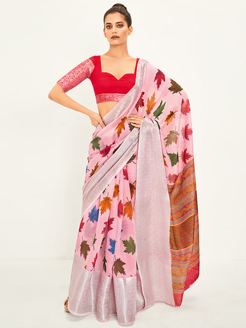 Saree Mall Pink Cotton Printed Saree With Unstitched Blouse Price in India
