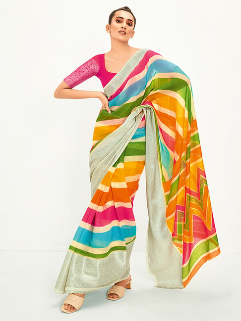 Saree Mall Multicolored Cotton Striped Saree With Unstitched Blouse Price in India