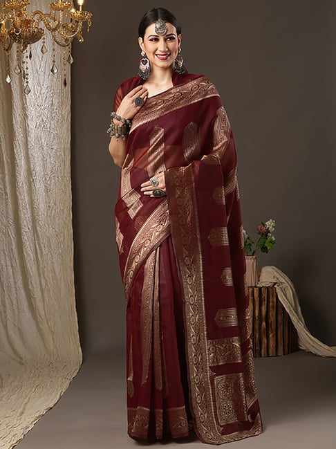 Saree Mall Maroon Cotton Woven Saree With Unstitched Blouse Price in India