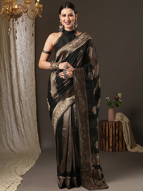 Saree Mall Black Cotton Woven Saree With Unstitched Blouse Price in India
