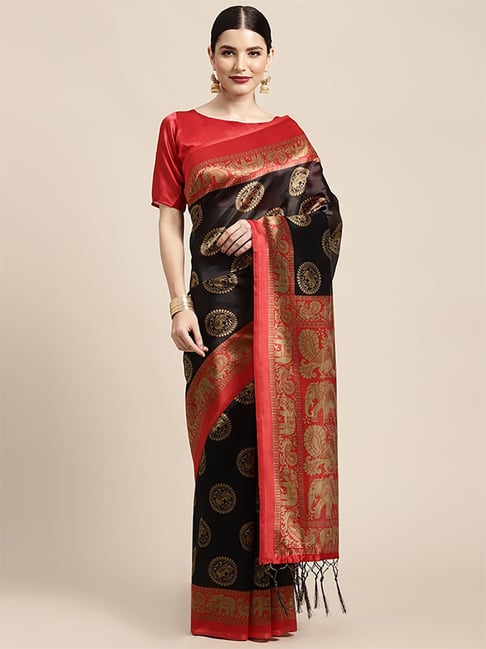 Saree Mall Black & Red Silk Printed Saree With Unstitched Blouse Price in India